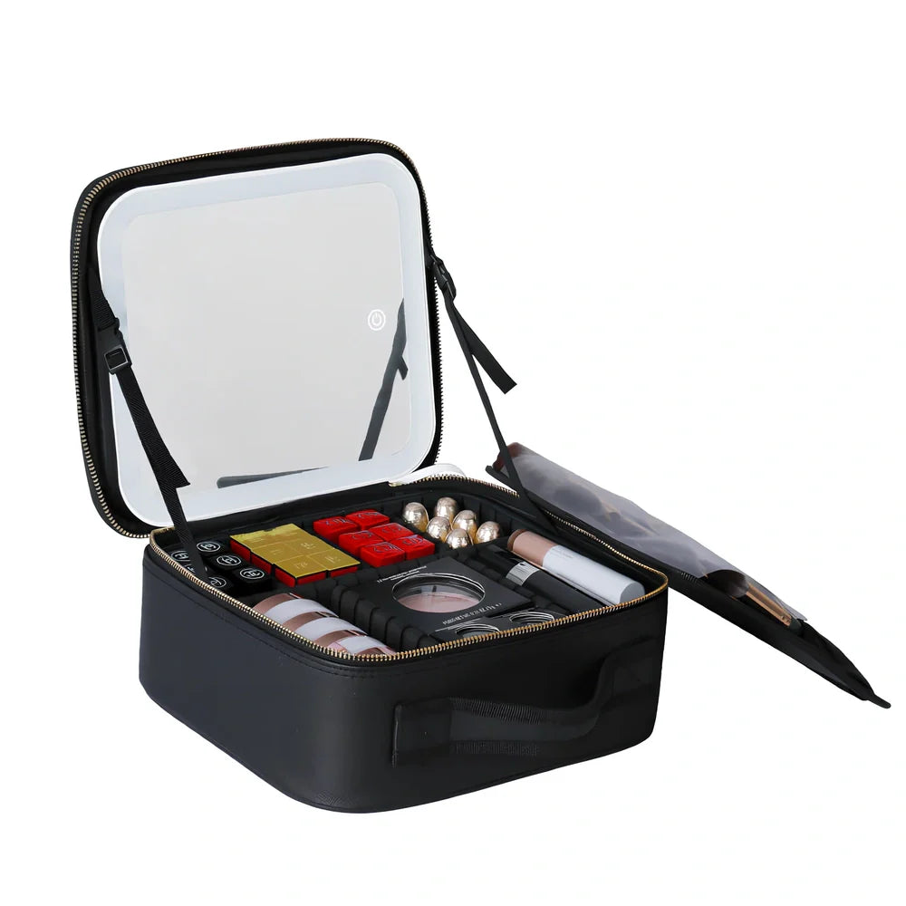 Large cosmetics bag with LED mirror light in black, measuring 26cm wide with USB charger