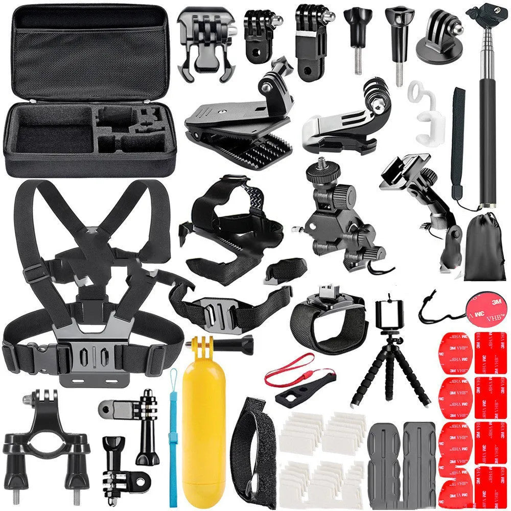 Black GoPro accessories set with chest strap, helmet mount and tripod for action camera filming