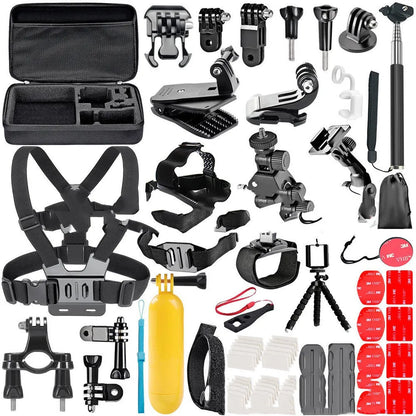Black GoPro accessories set with chest strap, helmet mount and tripod for action camera filming