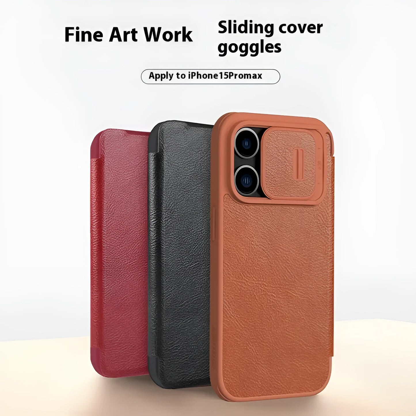 Imitation leather flip phone case for iPhone, shown in black, brown, and red colours.