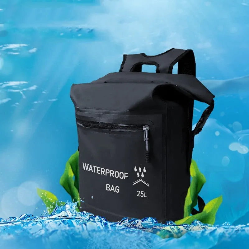 Black 25 litre waterproof backpack for outdoor water activities including swimming and rafting