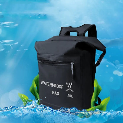 Black 25 litre waterproof backpack for outdoor water activities including swimming and rafting