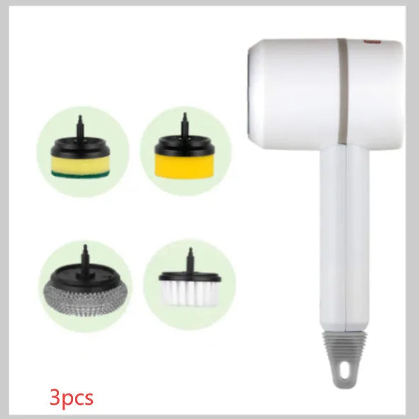 Electric cleaning brush with plastic housing, three brush heads, and 1200mA battery, shown in white, green, or pink