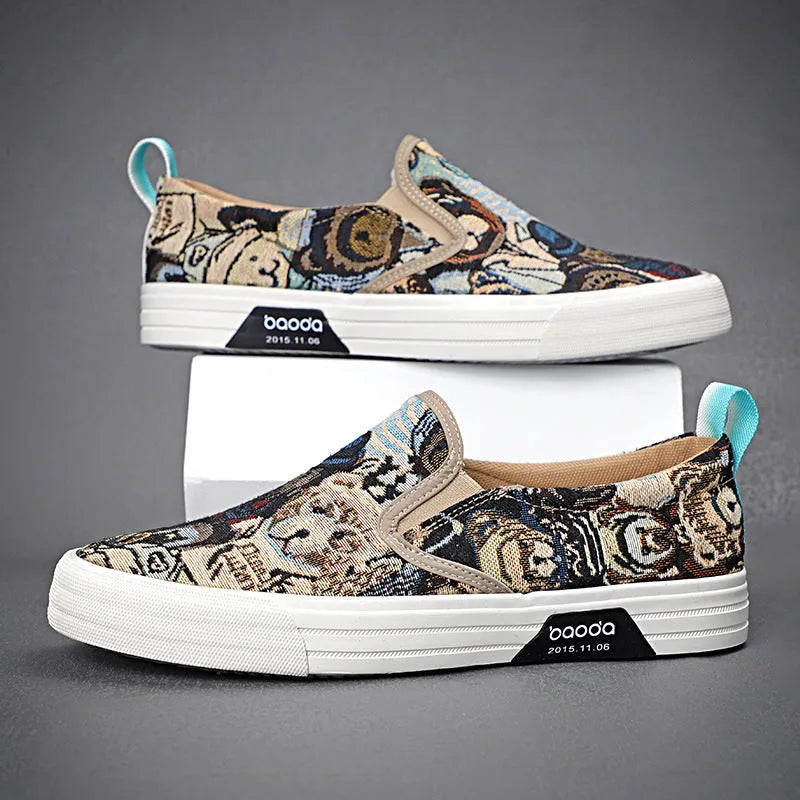 Low-top canvas slip-on sneakers with a vulcanised rubber sole in khaki colour on a neutral background.