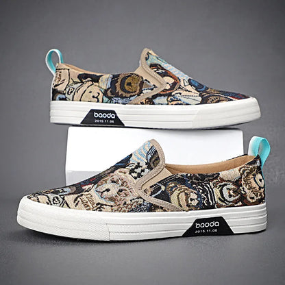 Low-top canvas slip-on sneakers with a vulcanised rubber sole in khaki colour on a neutral background.