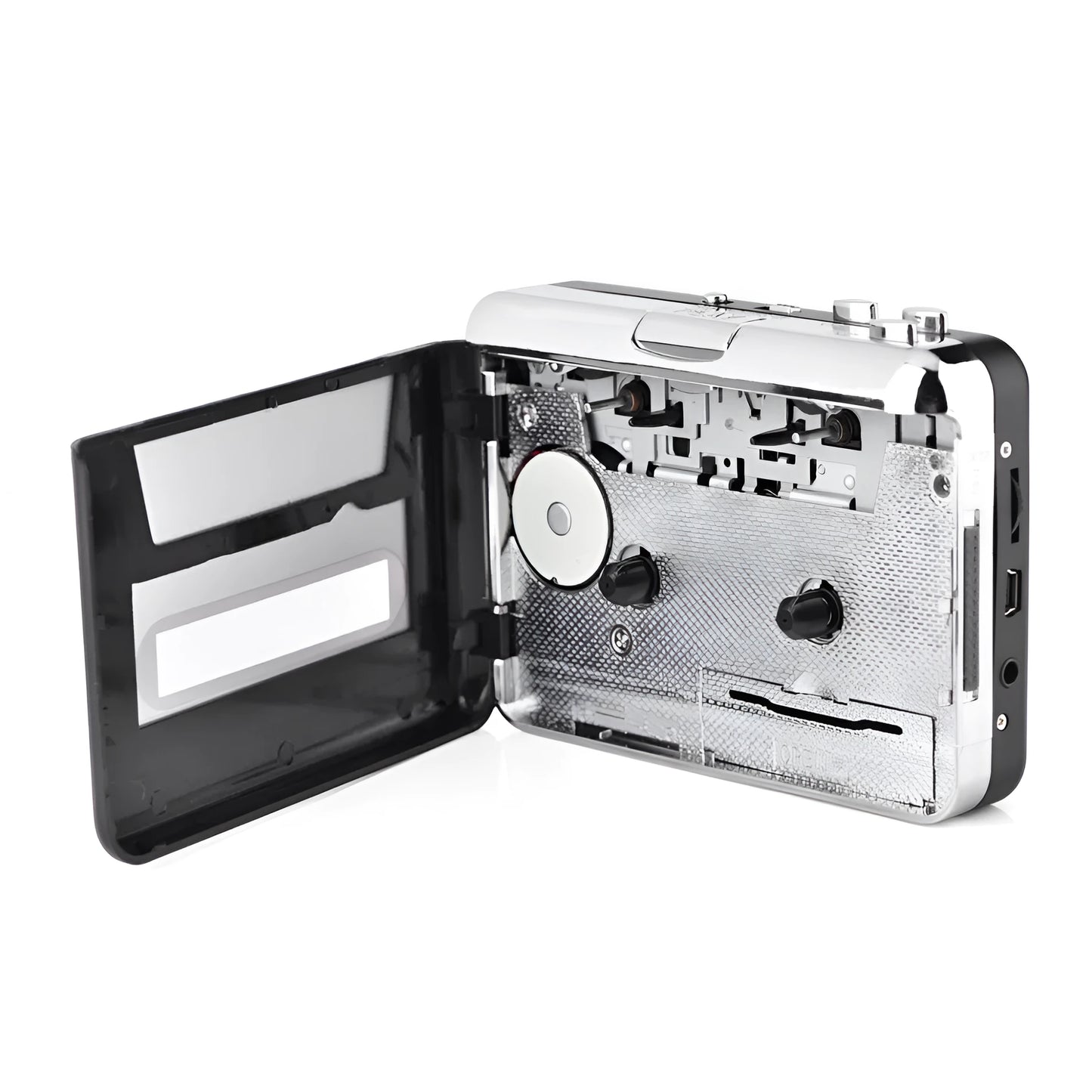 Silver USB cassette tape to MP3 converter unit with USB cable on a white background.