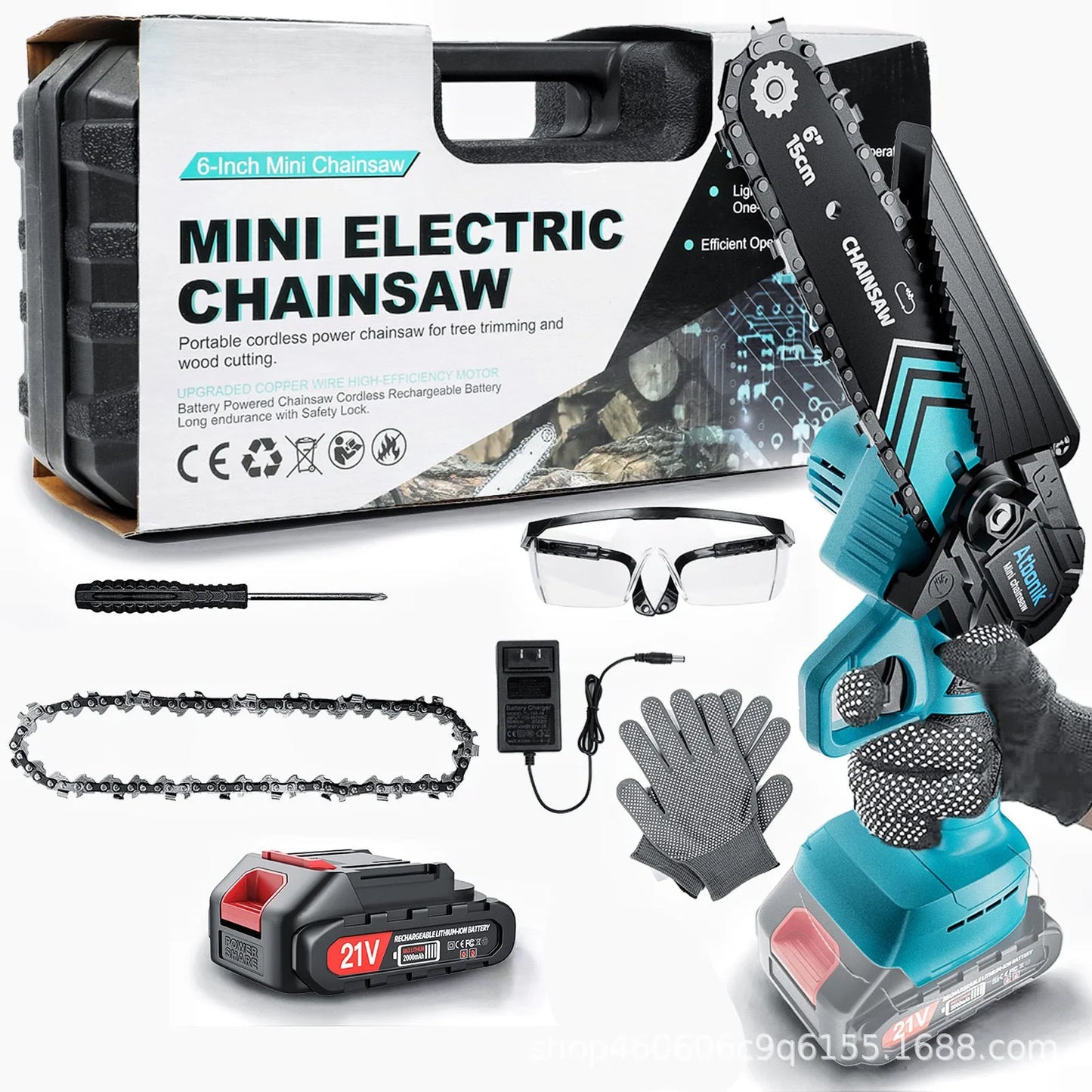 Handheld wireless electric chainsaw with 6-inch chain, batteries, safety goggles, gloves, and storage box