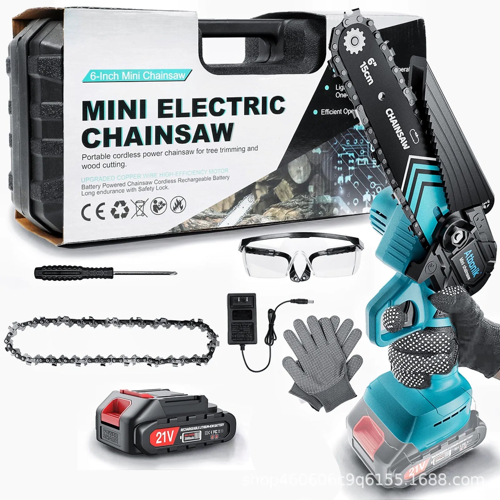 Handheld wireless electric chainsaw with 6-inch chain, batteries, safety goggles, gloves, and storage box