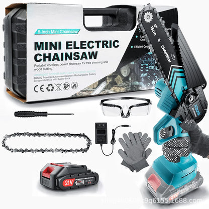Handheld wireless electric chainsaw with 6-inch chain, batteries, safety goggles, gloves, and storage box