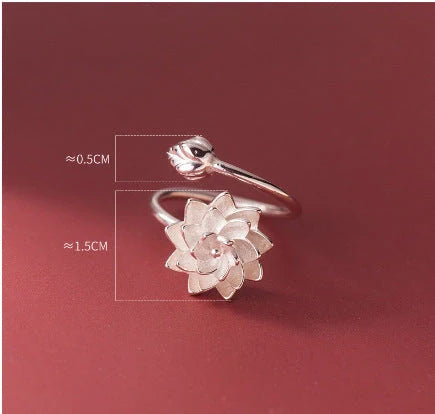 Adjustable silver lotus ring with Chinese elegance and electroplated finish