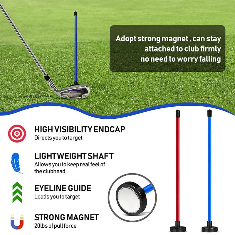 Red and blue aluminium alloy magnetic golf swing trainer bar attached to a golf club shaft.