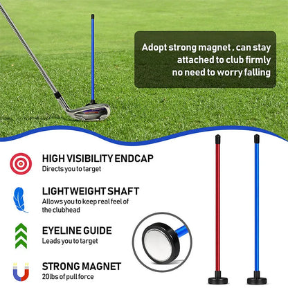 Red and blue aluminium alloy magnetic golf swing trainer bar attached to a golf club shaft.