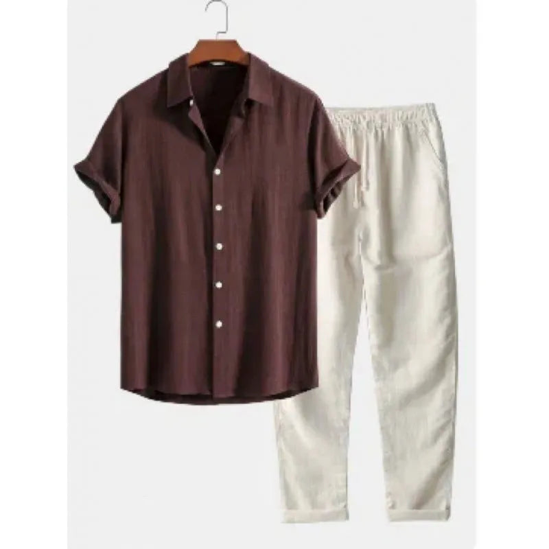 Men's casual loose fit short sleeve shirt and trousers suit in linen-look polyester fabric, available in multiple colours