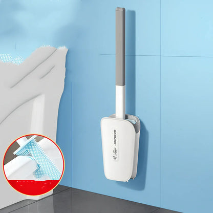 Wall-mounted toilet brush with blue antibacterial TPR head in plastic bucket