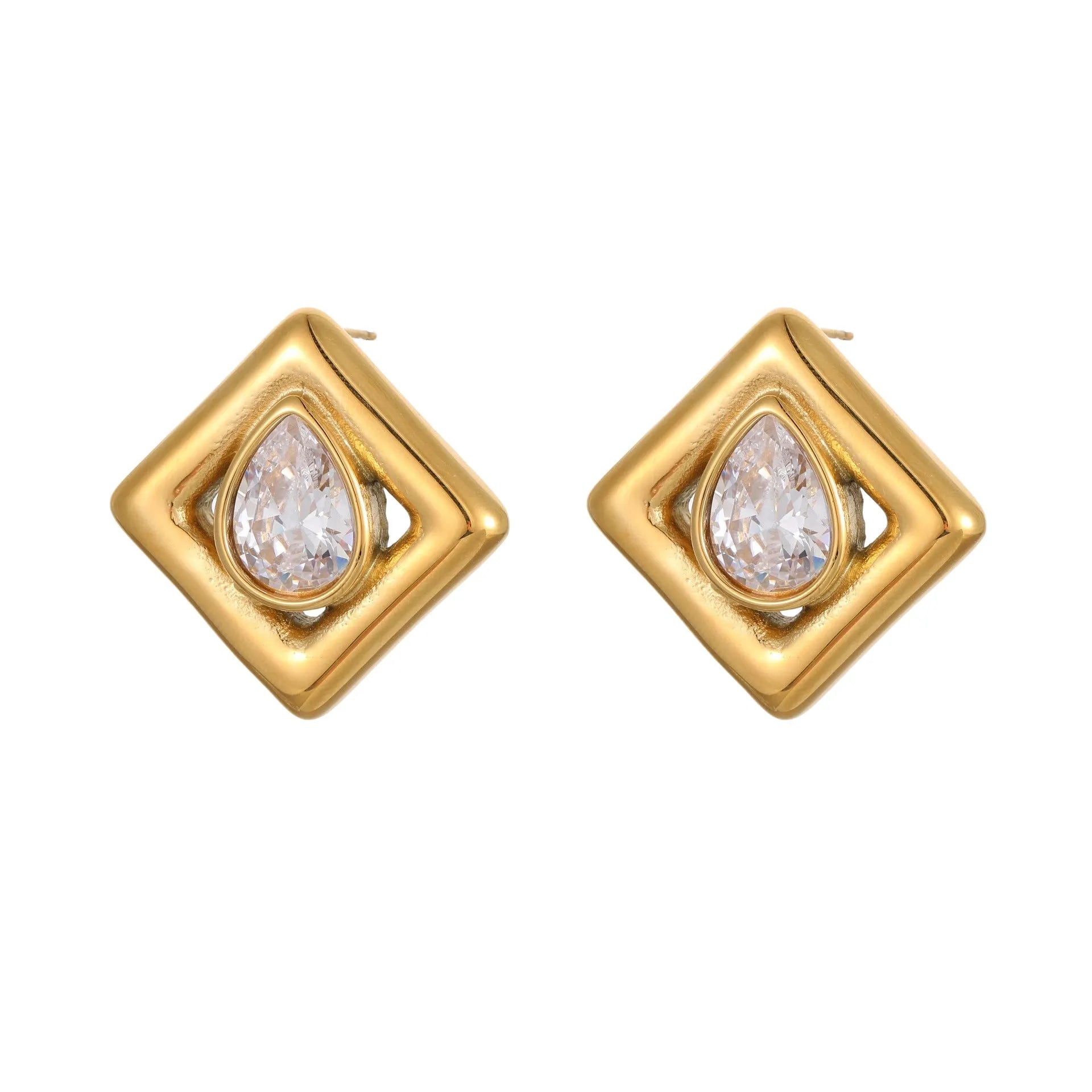 Gold geometric stud earrings with water drop zircon stones on stainless steel