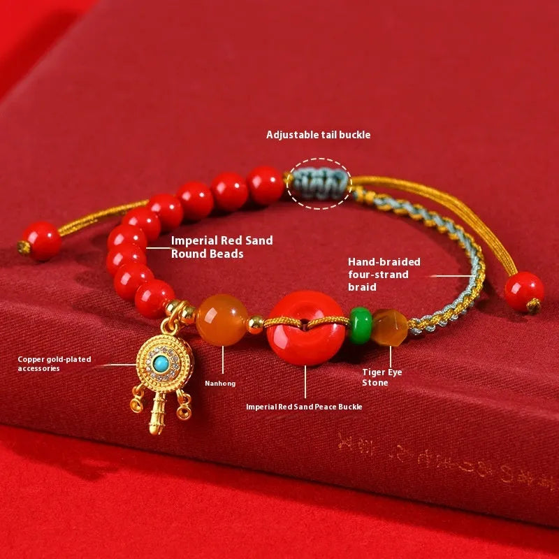 Hand-woven cinnabar peace blessing bracelet in emperor red sand colour with geometric design