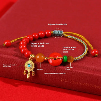 Hand-woven cinnabar peace blessing bracelet in emperor red sand colour with geometric design