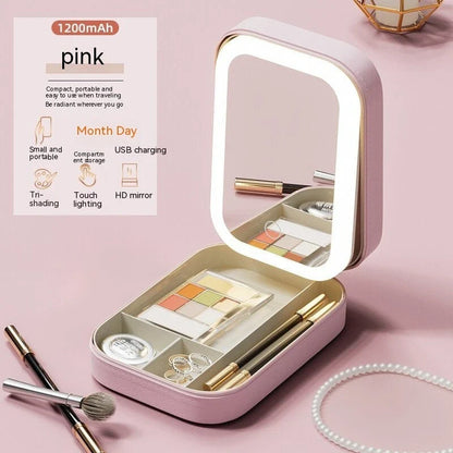Elegant lighted makeup organizer with adjustable LED mirror, compact storage compartment, and touch-sensitive brightness control