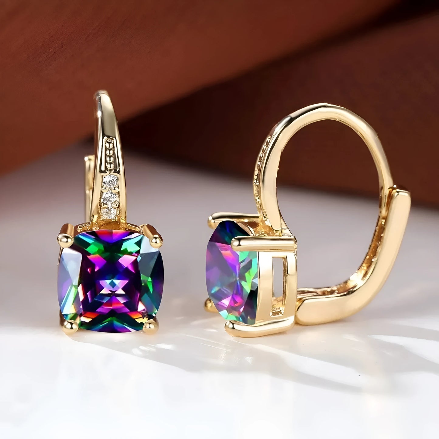 Square geometric ear clip with moissanite stones and electroplated gold finish
