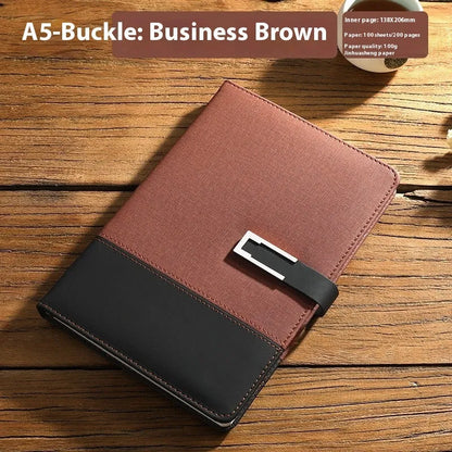 A5 soft PU leather notebook in Business Brown colour, showing thick wood-free paper inside.