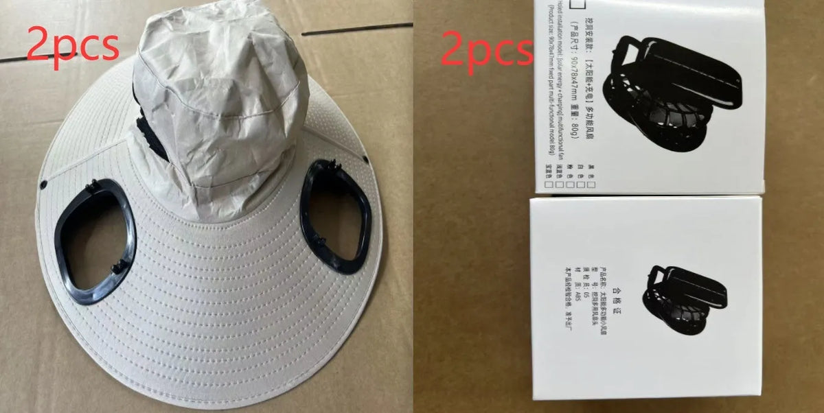 Men's grey solar fan cap with large peak and integrated cooling fans on the front.