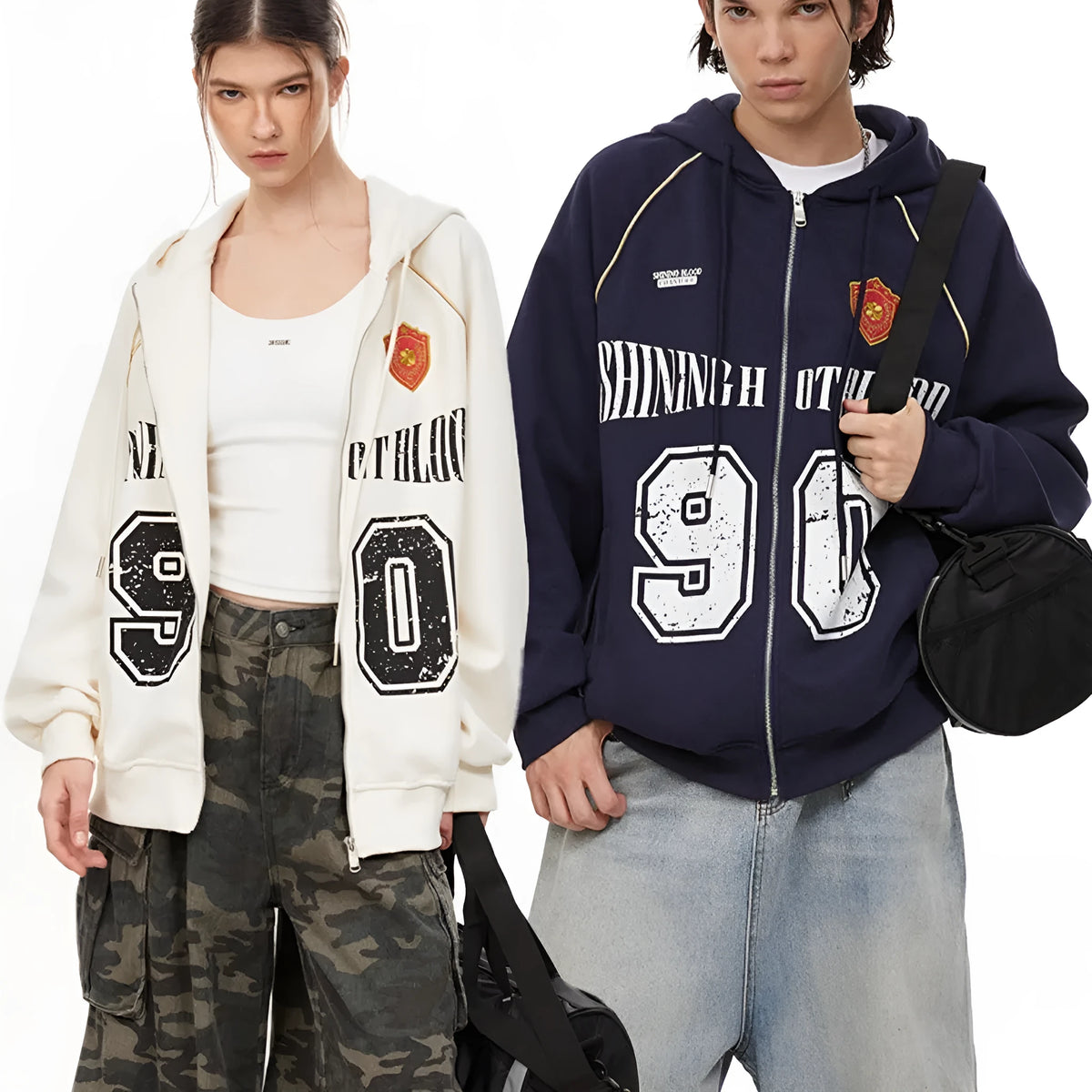 Women's loose hooded cardigan jacket with retro letter embroidery in cotton blend fabric
