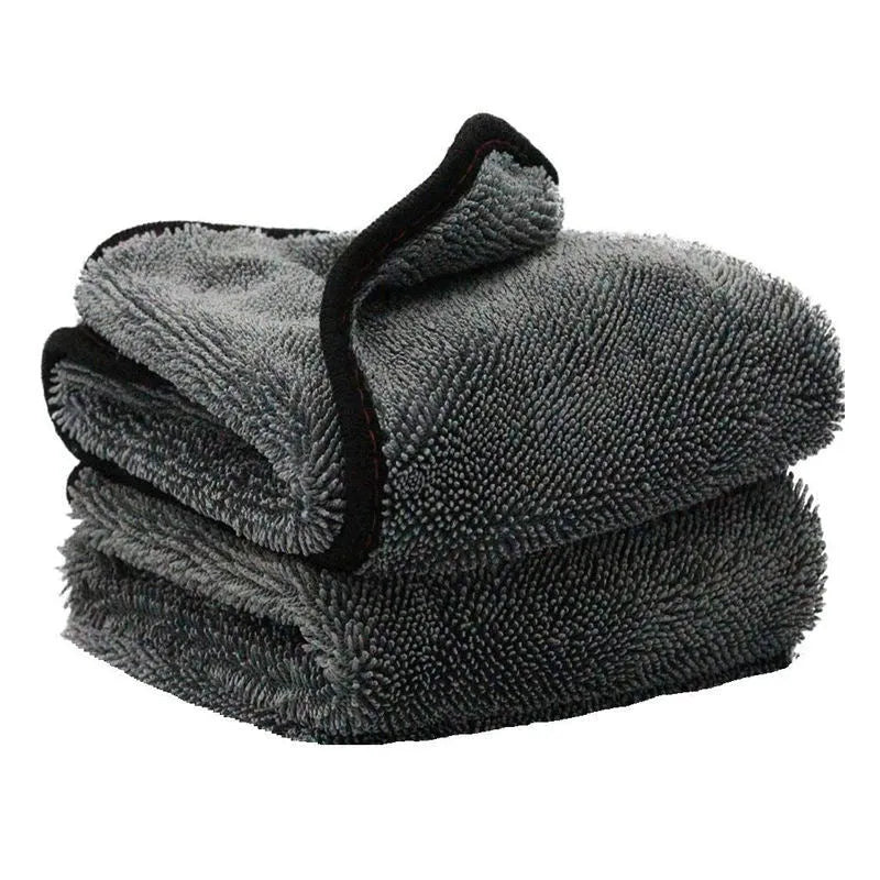 Grey square microfiber car wash towel for drying vehicles, 40cm by 40cm.