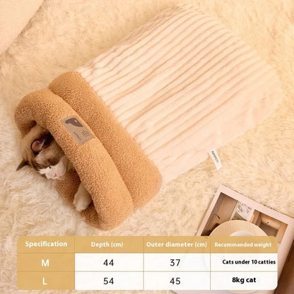 Semi-enclosed plush pet sleeping bag in brown, grey or white, sizes L and M