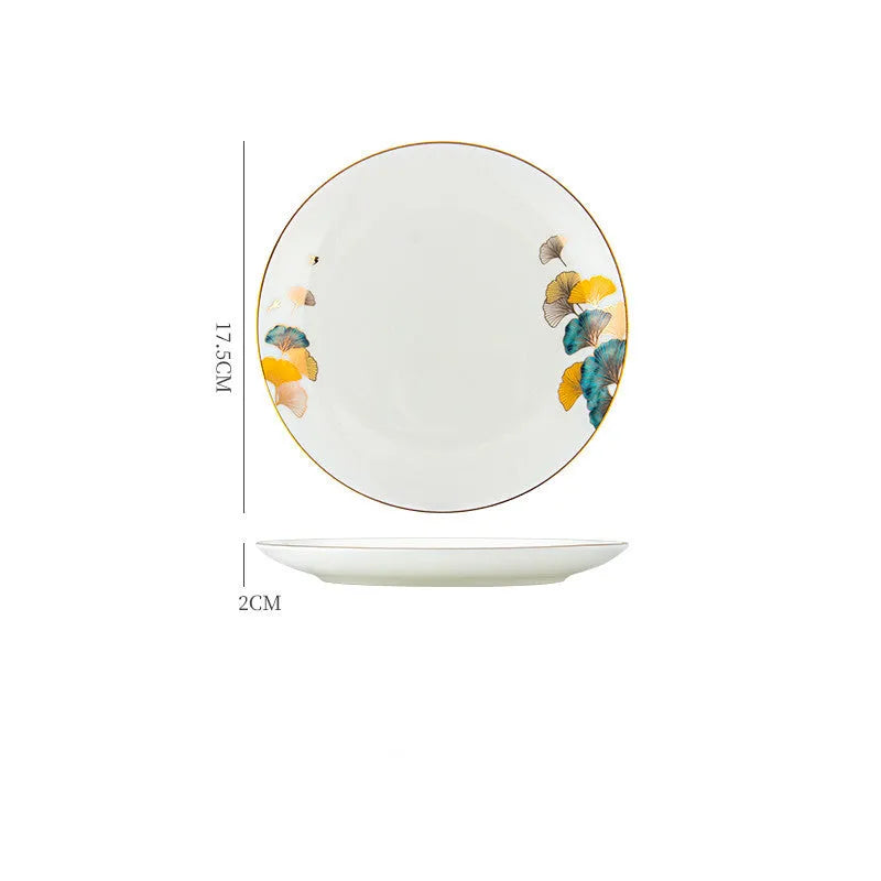 Round porcelain dinner plate with Nordic plant and flower design, flat disk shape, glaze colour finish