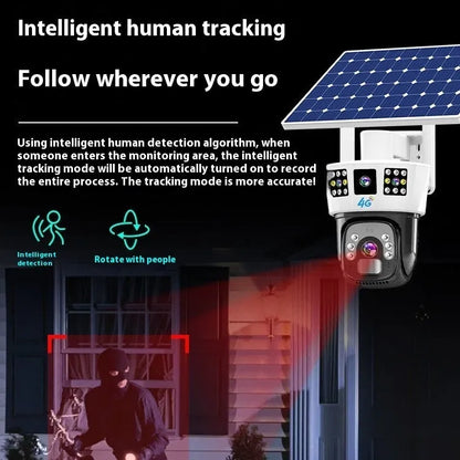 Solar-powered binocular surveillance camera with three-screen viewing capability