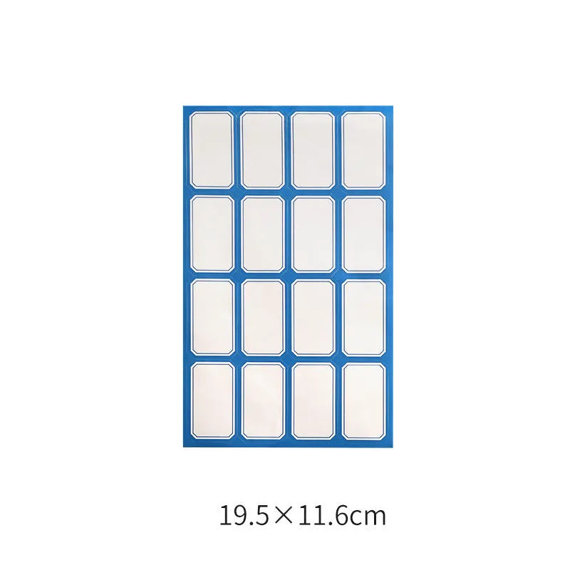 Handwritten label adhesive sticker set showing grid layouts, sticky notes, and A6 rulers on paper