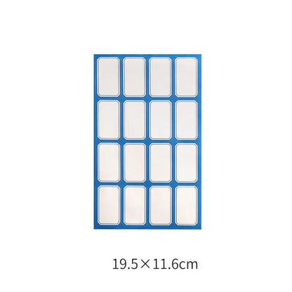 Handwritten label adhesive sticker set showing grid layouts, sticky notes, and A6 rulers on paper