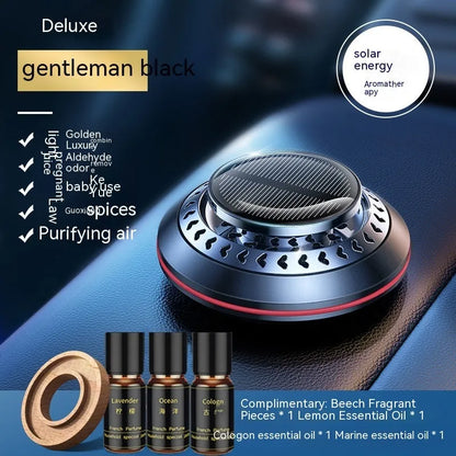 Solar-powered aluminium car air purifier with essential oil bottle and beech wood chips for odour removal.