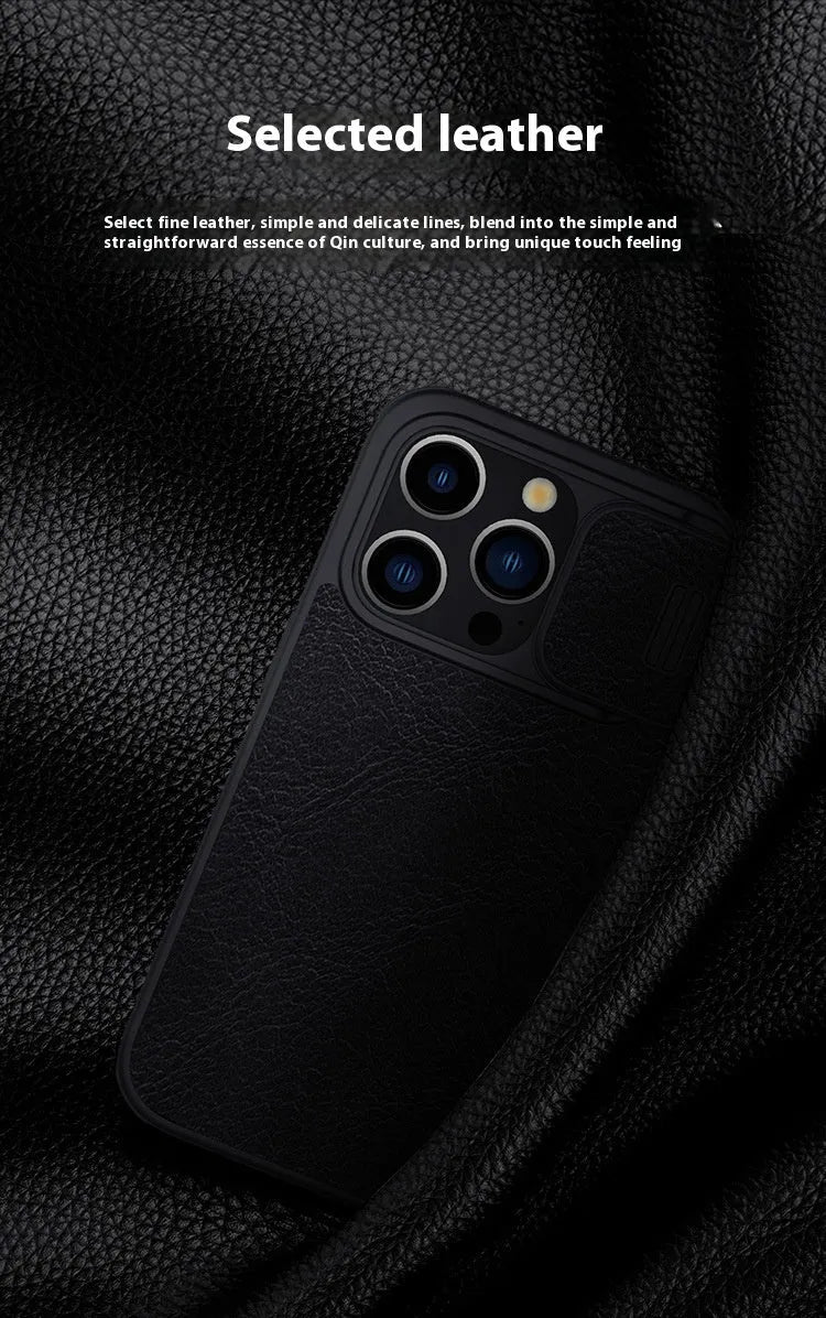 Imitation leather flip phone case for iPhone, shown in black, brown, and red colours.