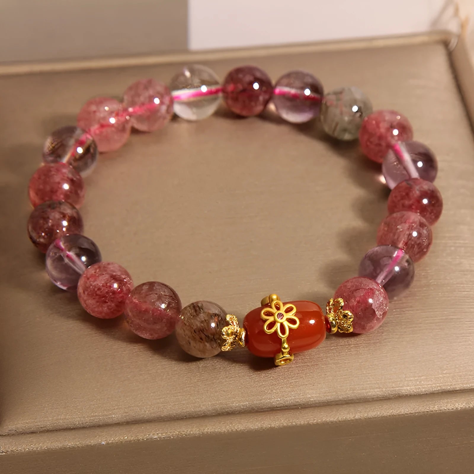 Red agate Super Seven crystal bracelet with cartoon style design for women