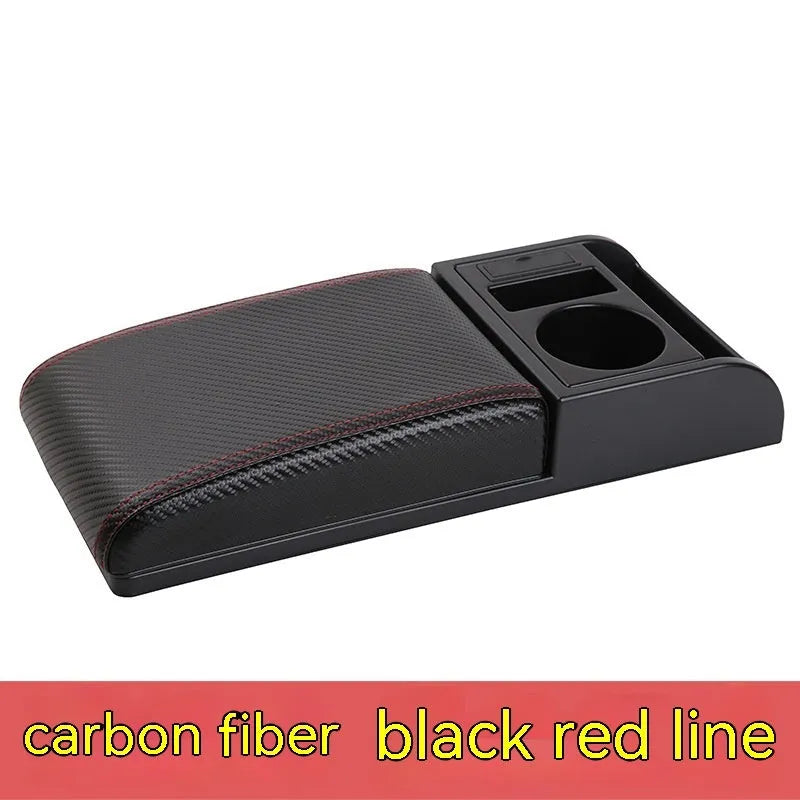Universal plastic car armrest cover showing height increase with PU leather and carbon fibre surface options