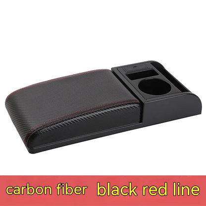 Universal plastic car armrest cover showing height increase with PU leather and carbon fibre surface options