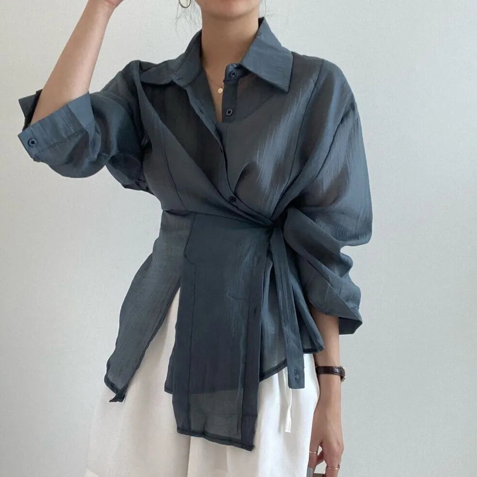 Irregular buckle lapel long sleeve shirt in smoky gray or white, polyester, S to XL, 50cm length