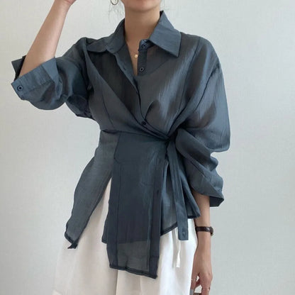 Irregular buckle lapel long sleeve shirt in smoky gray or white, polyester, S to XL, 50cm length