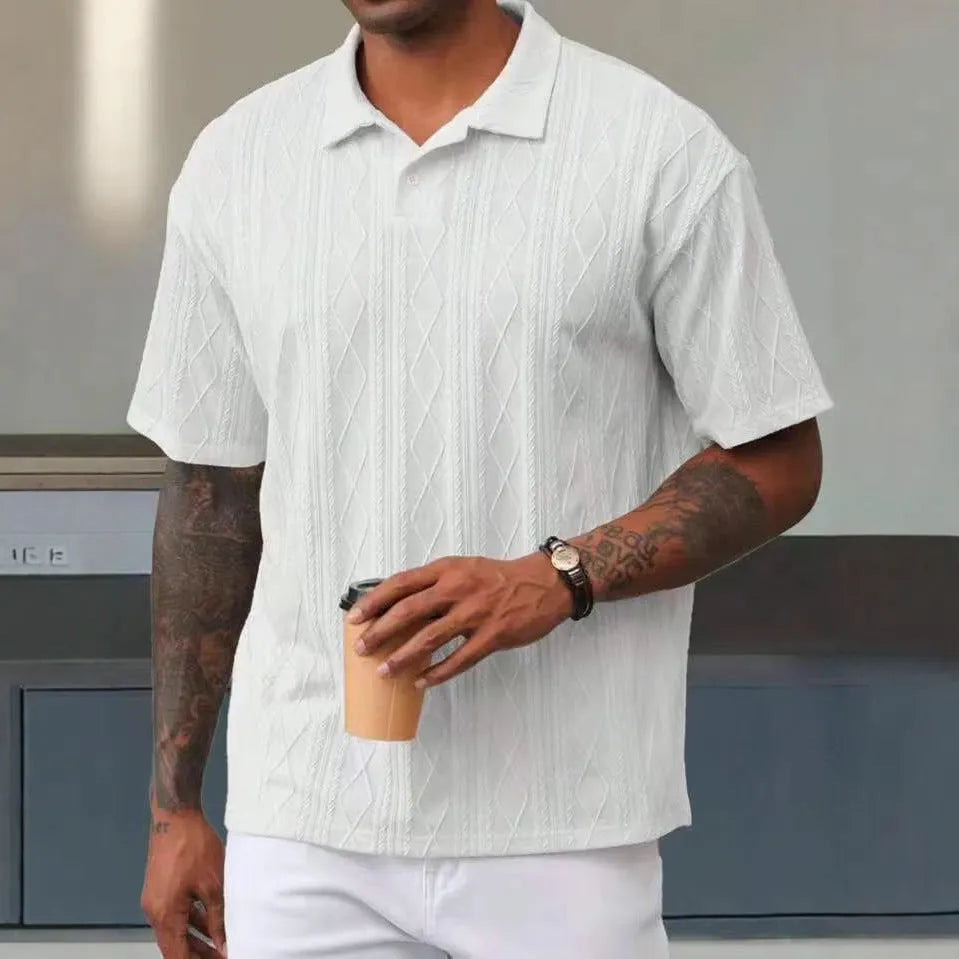 Retro button lapel short sleeve T-shirt in cotton blend fabric showing slit detail