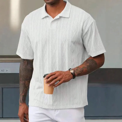 Retro button lapel short sleeve T-shirt in cotton blend fabric showing slit detail