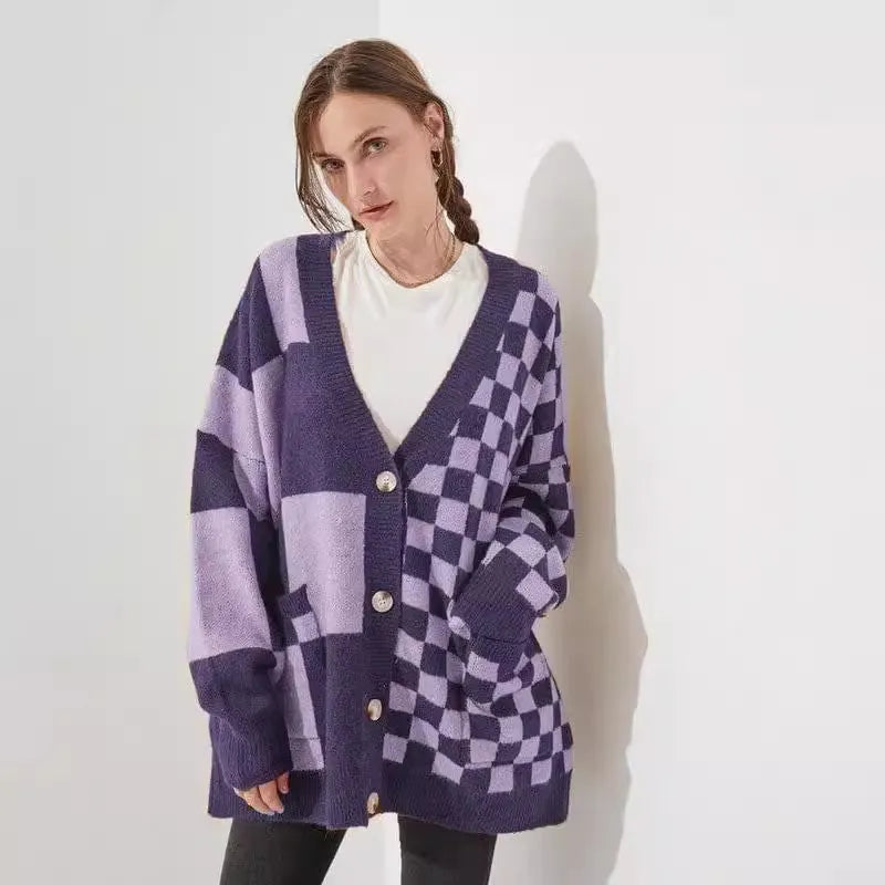 Loose fit knitwear cardigan with printed check pattern in slim fit styling, available in grey, maroon, purple, green, peacock blue and wine red colours in Asian S M L sizes for temperamental commute style.