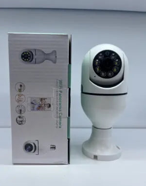 White wireless bulb security camera with E27 base, showing lens and compact 5cm by 12cm size.