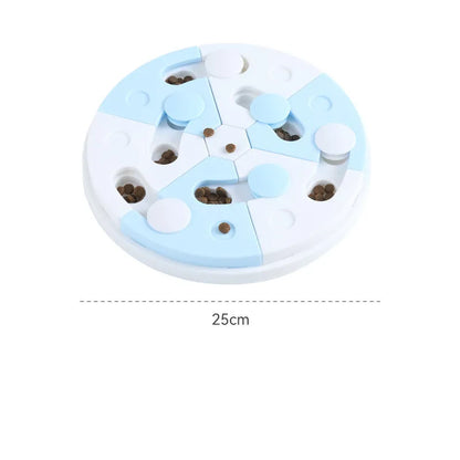 Blue and white jigsaw puzzle dog feeder tray made from PP with separate food compartments
