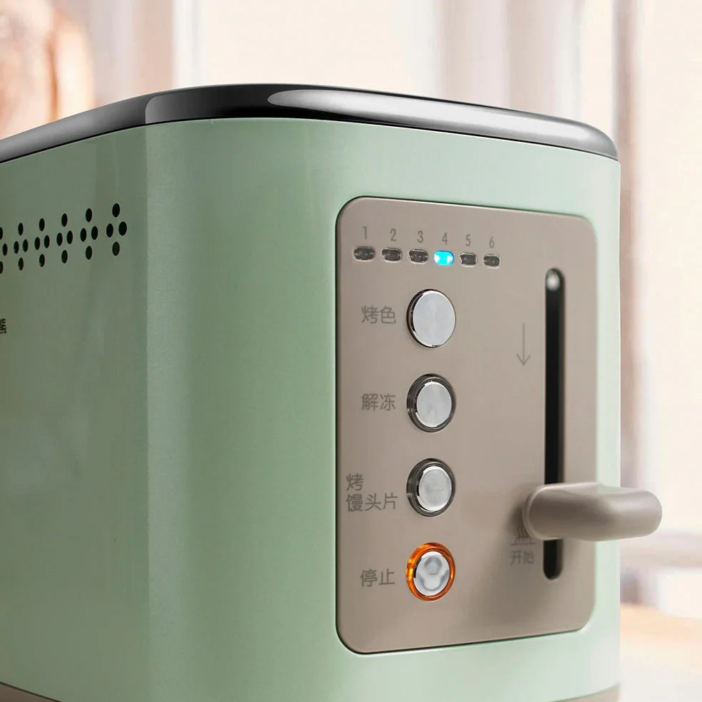 Morning mist green teddy bear toaster with compact 285x160x185mm dimensions and 2-slice capacity