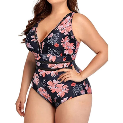 Black plus size bikini swimsuit with print design for women, shown on a hanger.