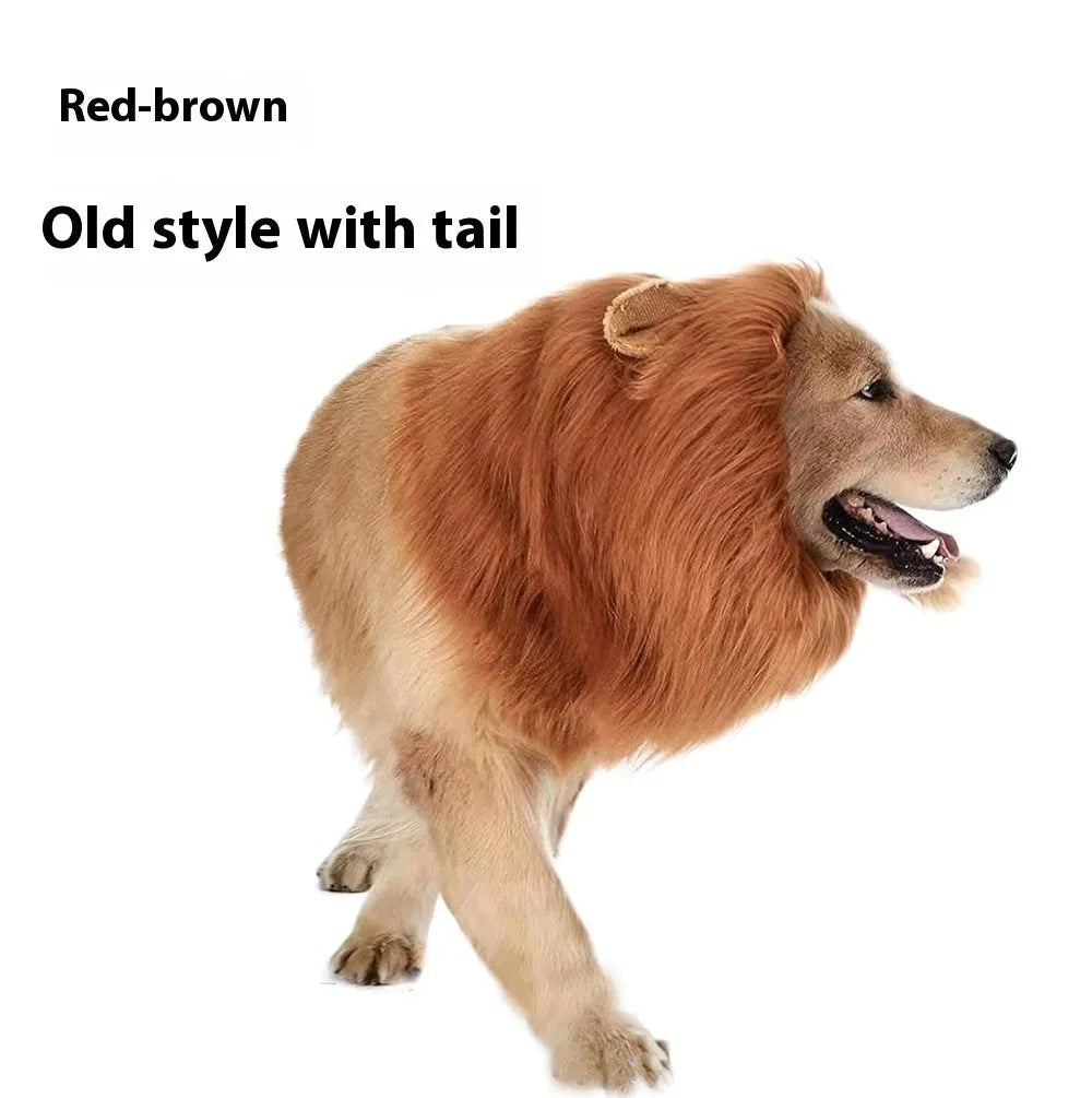 Dog wearing a lion mane headdress costume in light brown with an elastic neckband.