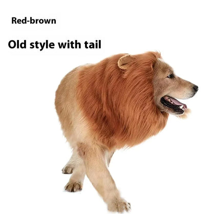 Dog wearing a lion mane headdress costume in light brown with an elastic neckband.