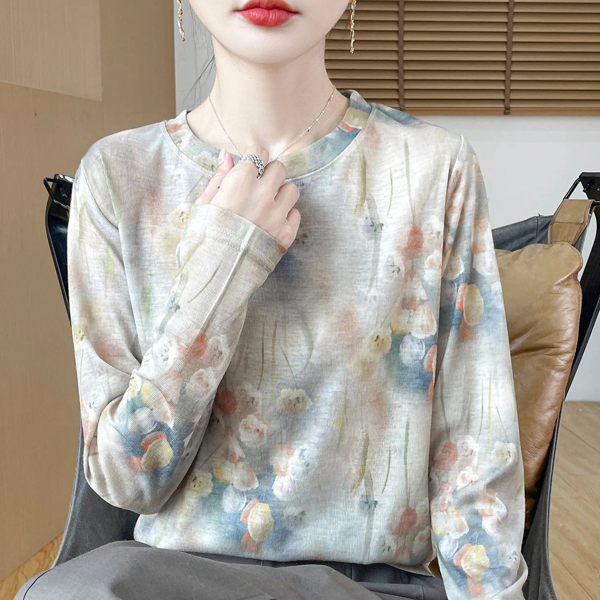 Women's round neck floral print pullover in Tencel cotton fabric, shown in a colourway from the range of five designs.