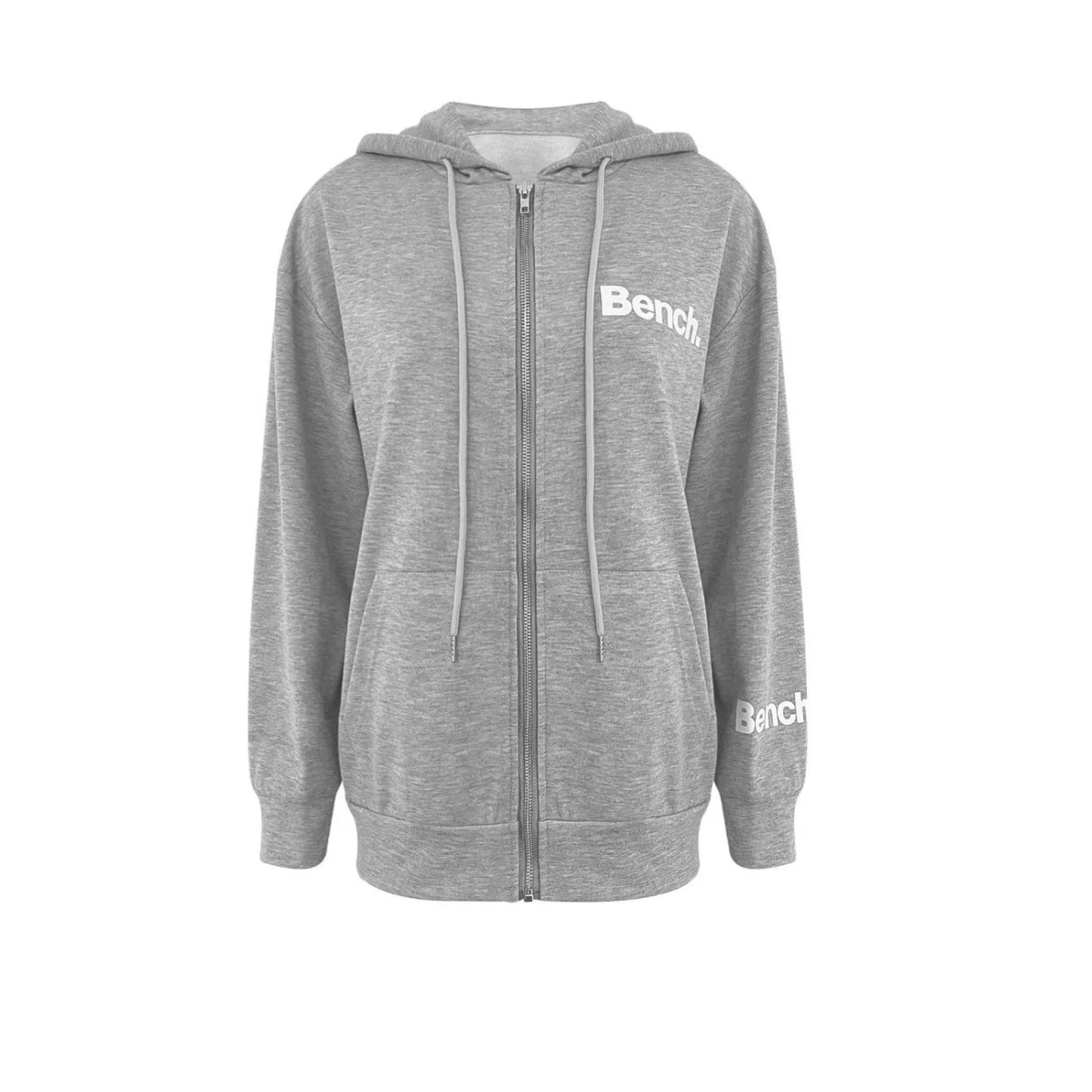 Grey letter print sweater coat with zipper front and loose Japanese-style fit